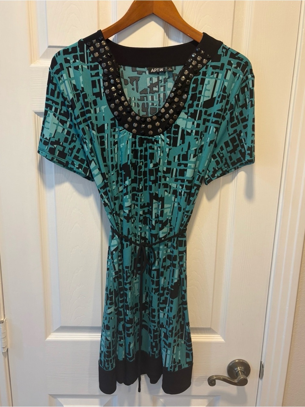 Apt. 9 Teal and Black Studded Neck Tie-Waist Dress